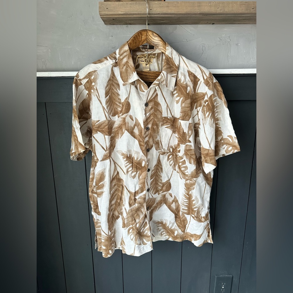 Panama Jack Tan Cream‎ Leaf Print Casual Shirt Men's size Large